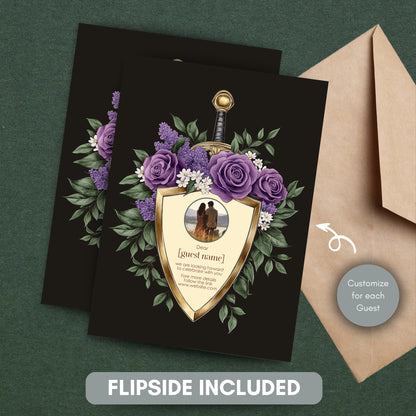 Elegant Shield Wedding Invitation Set – Purple Roses and Green Botanicals, Medieval Sword and Shield