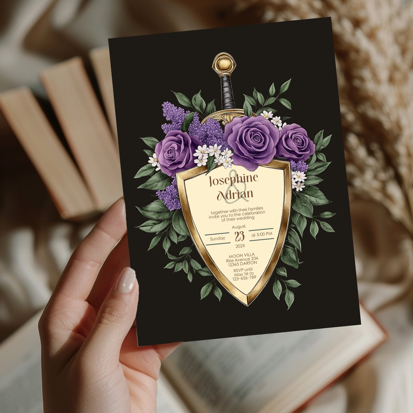 Elegant Shield Wedding Invitation Set – Purple Roses and Green Botanicals, Medieval Sword and Shield