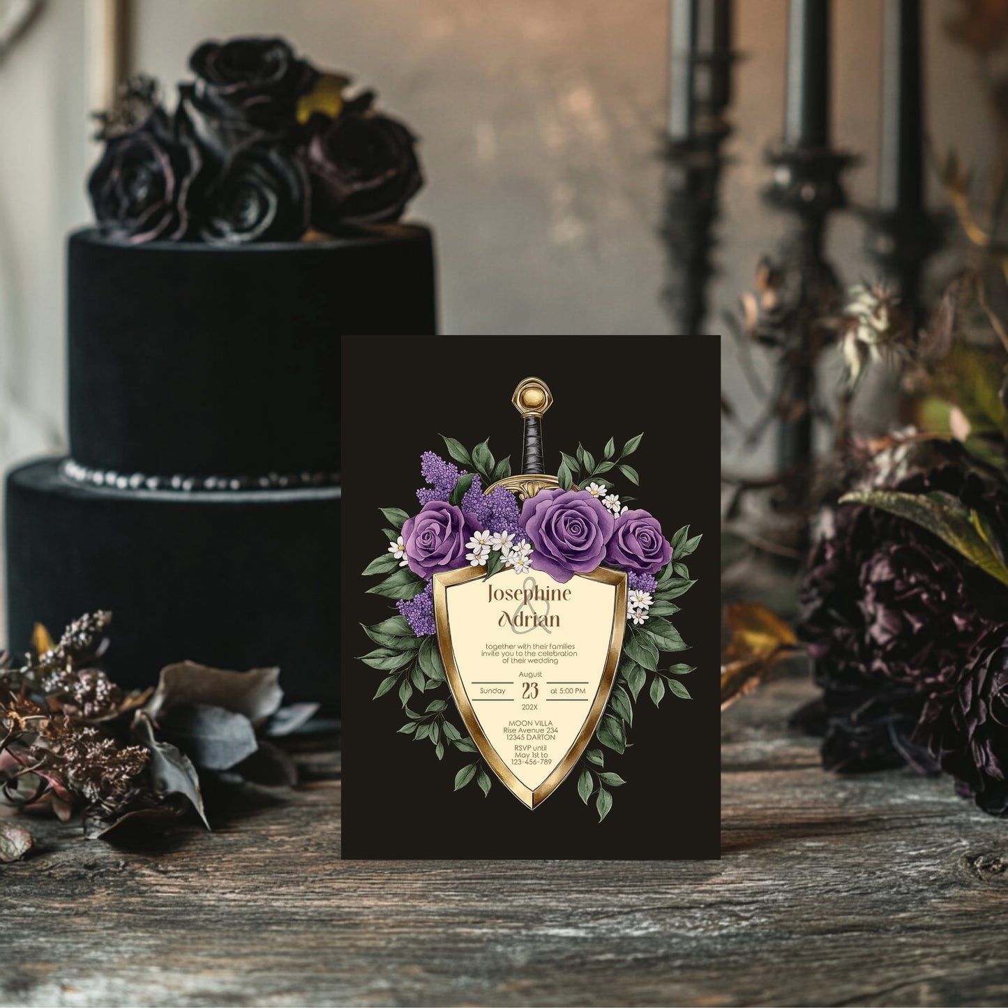 Elegant Shield Wedding Invitation Set – Purple Roses and Green Botanicals, Medieval Sword and Shield