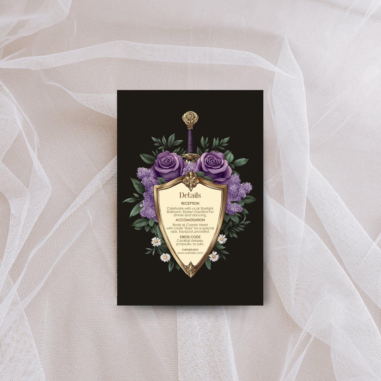 Elegant Shield Wedding Invitation Set – Purple Roses and Green Botanicals, Medieval Sword and Shield
