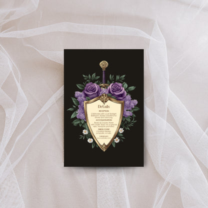 Elegant Shield Wedding Invitation Set – Purple Roses and Green Botanicals, Medieval Sword and Shield