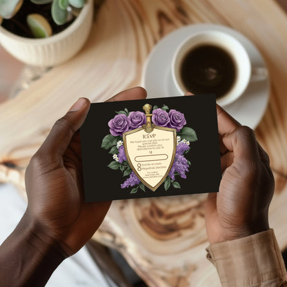 Elegant Shield Wedding Invitation Set – Purple Roses and Green Botanicals, Medieval Sword and Shield