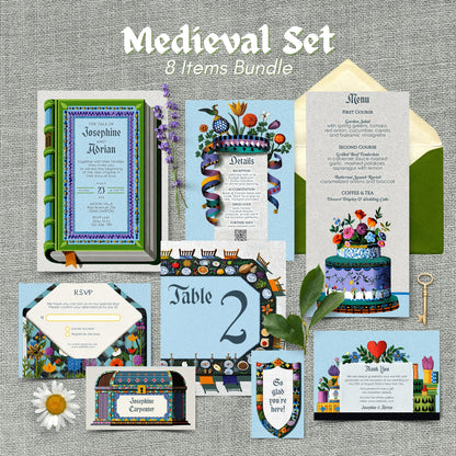 Medieval-themed wedding invitation set with various items on a textured gray background