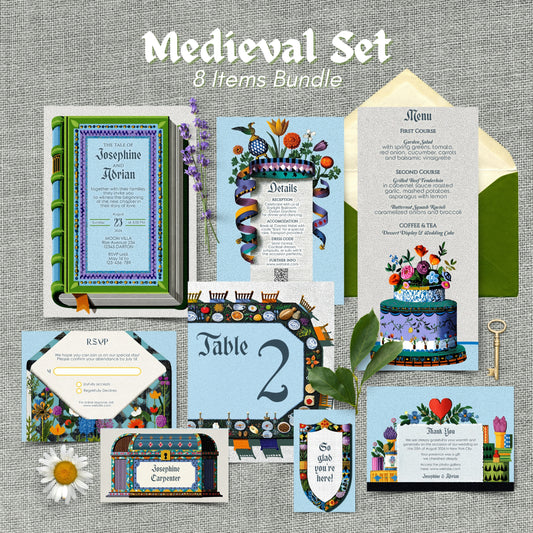 Medieval-themed wedding invitation set with various items on a textured gray background