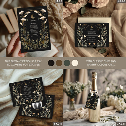 Dark Celestial Wedding Invitation Set - Black & Gold Stationery Bundle with Moon, 9-Items