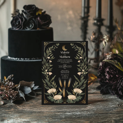 Dark Celestial Wedding Invitation Set - Black & Gold Stationery Bundle with Moon, 9-Items