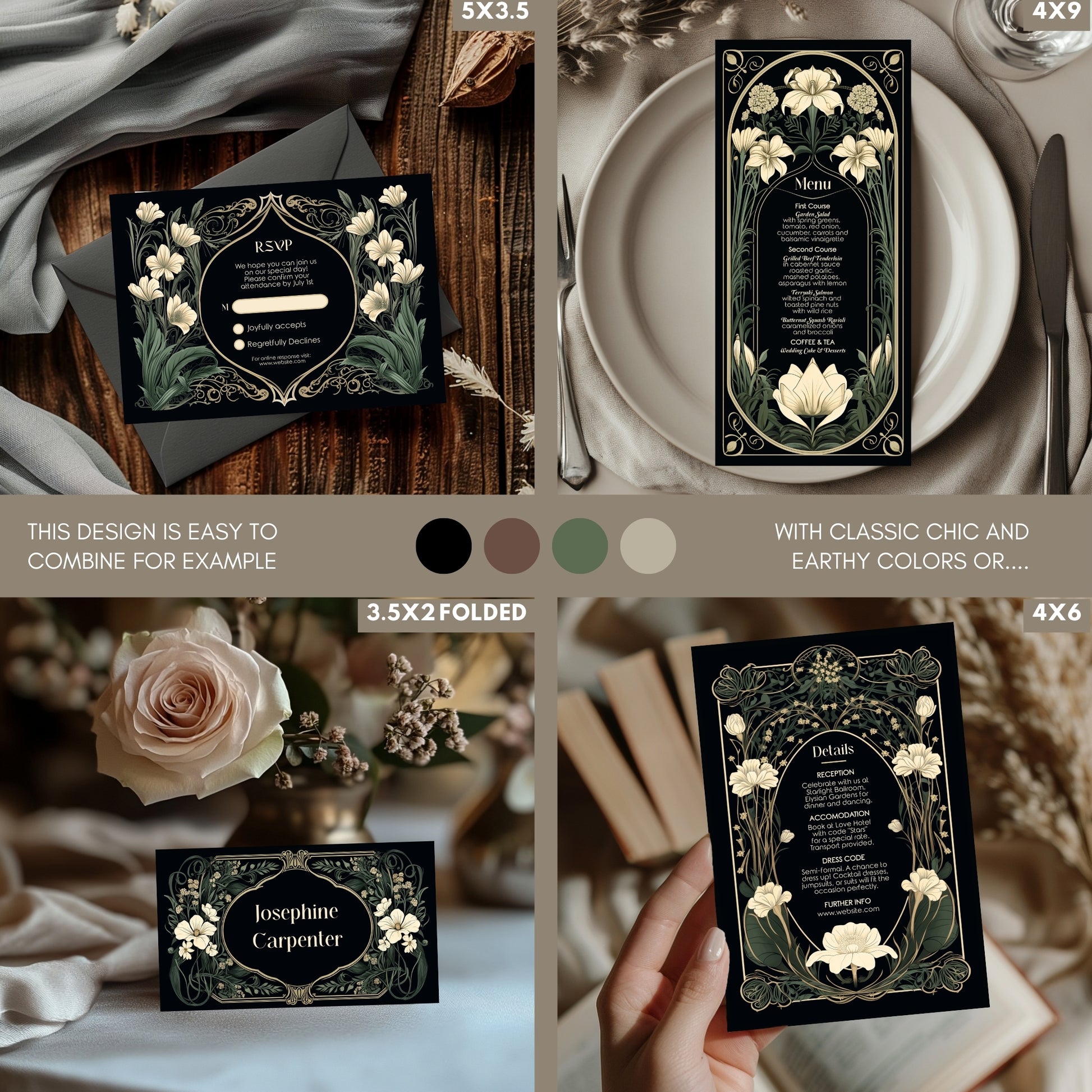 Collage of dark art nouveau wedding invitation stationary with floral designs on a wooden surface.