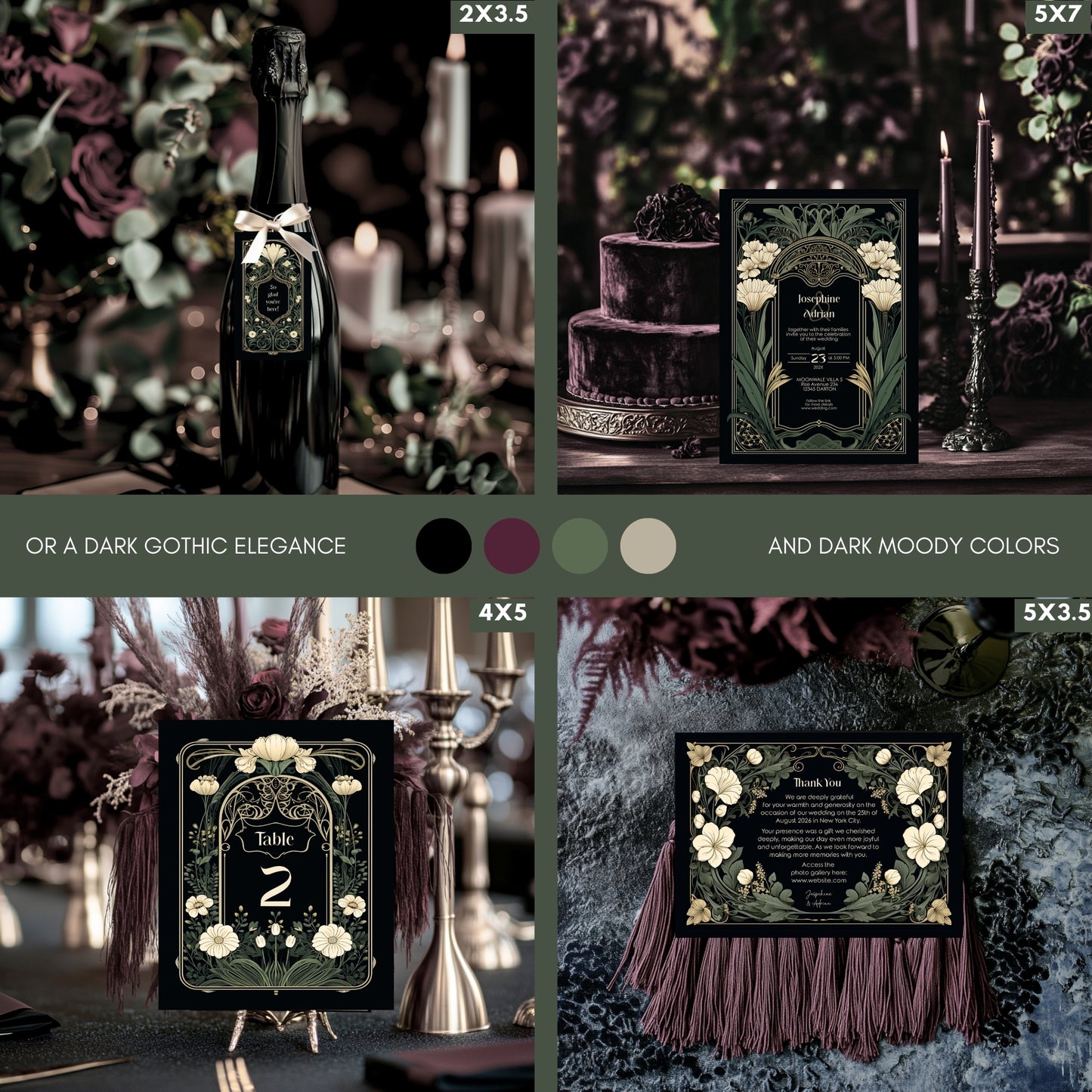 Dark gothic art nouveau wedding stationary with wedding decor with champagne bottle, cake, and table settings.