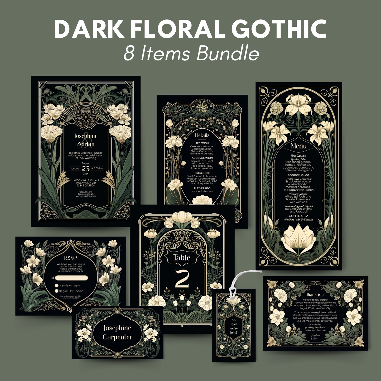 Dark floral Gothic art nouveau wedding invitation set with various items on a dark background