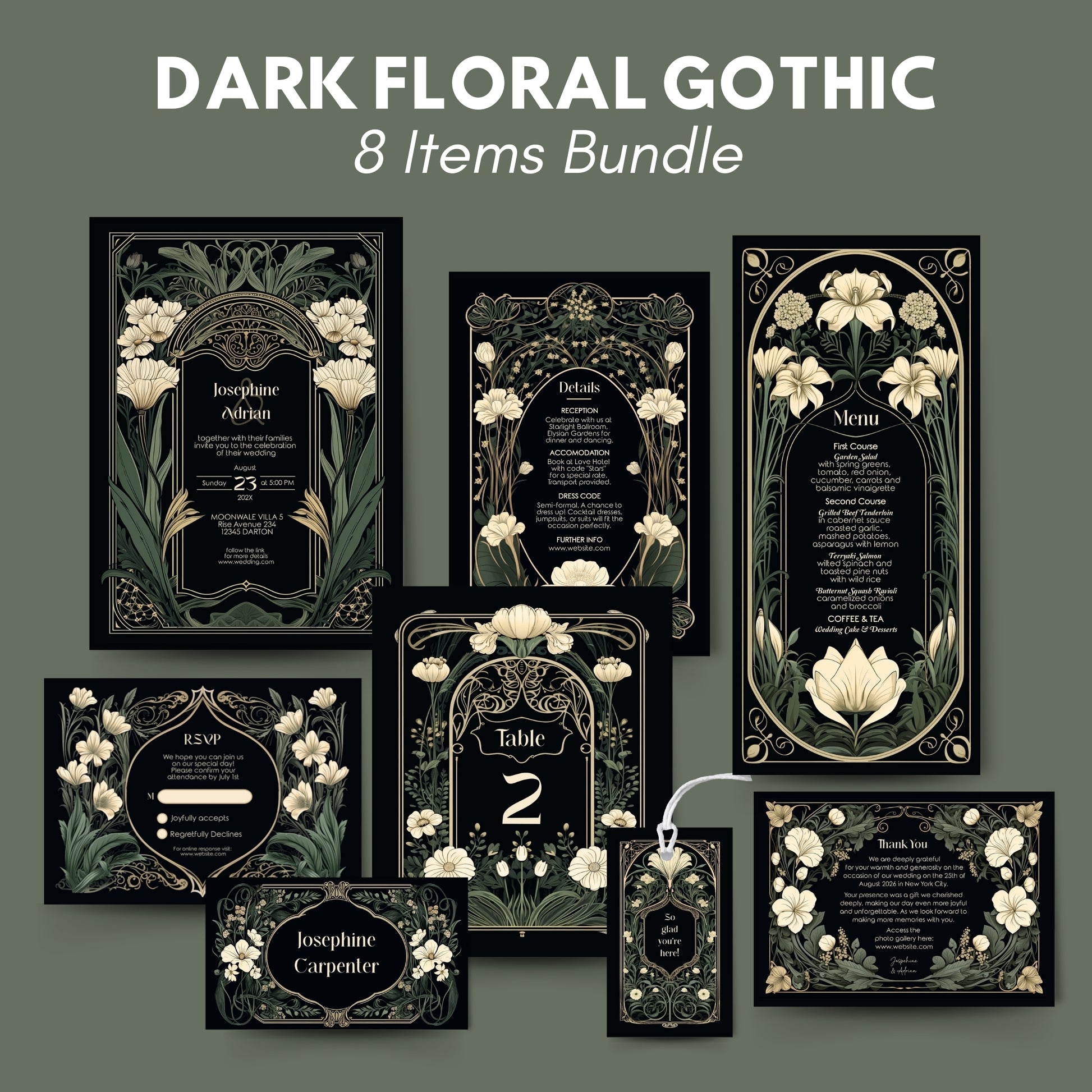 Dark floral Gothic art nouveau wedding invitation set with various items on a dark background