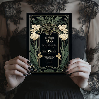 Art Nouveau-style wedding invitation held by hands with black nail polish against a patterned background.