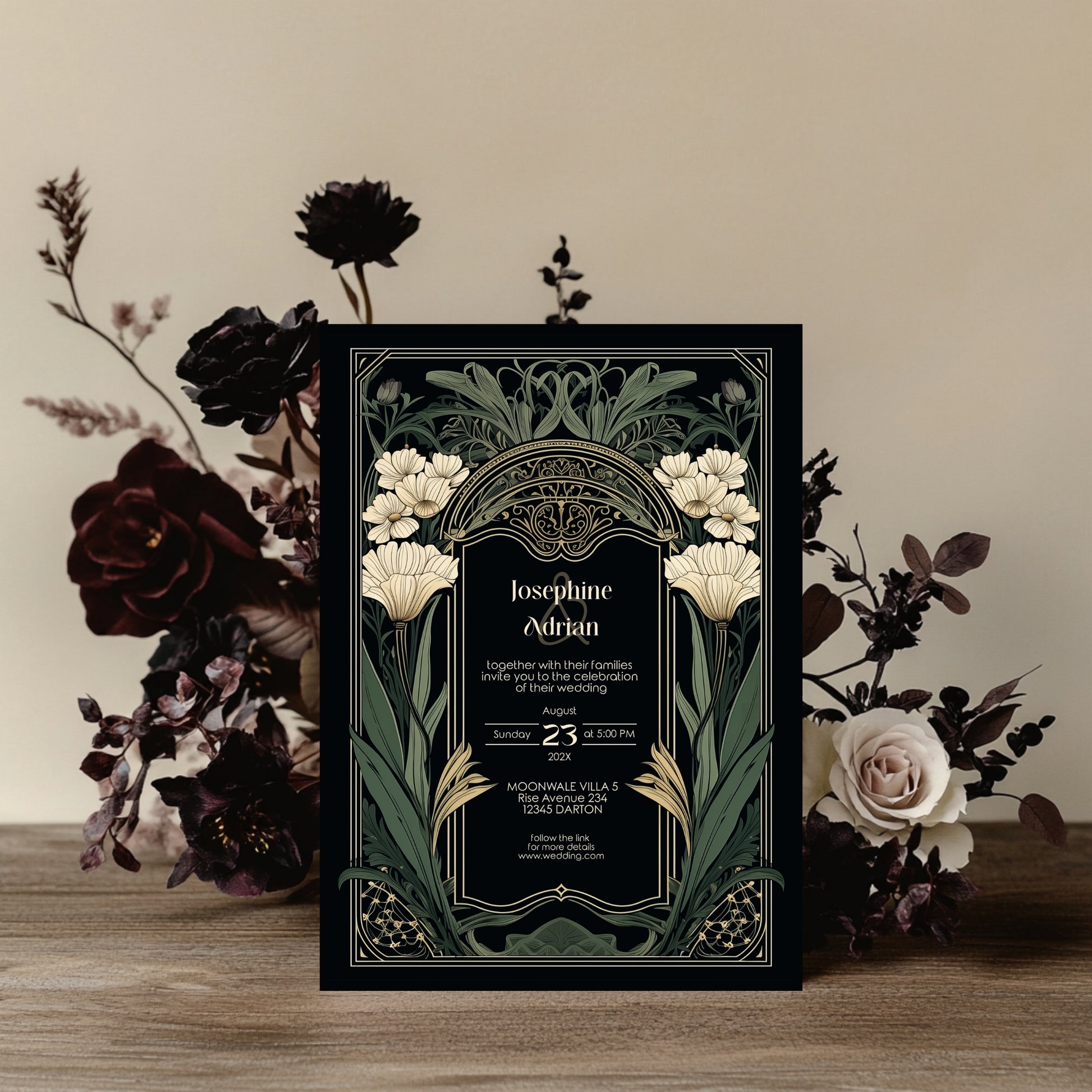 Decorative dark art nouveau wedding invitation with gothic floral design on a wooden surface with flowers.
