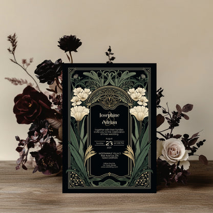 Decorative dark art nouveau wedding invitation with gothic floral design on a wooden surface with flowers.