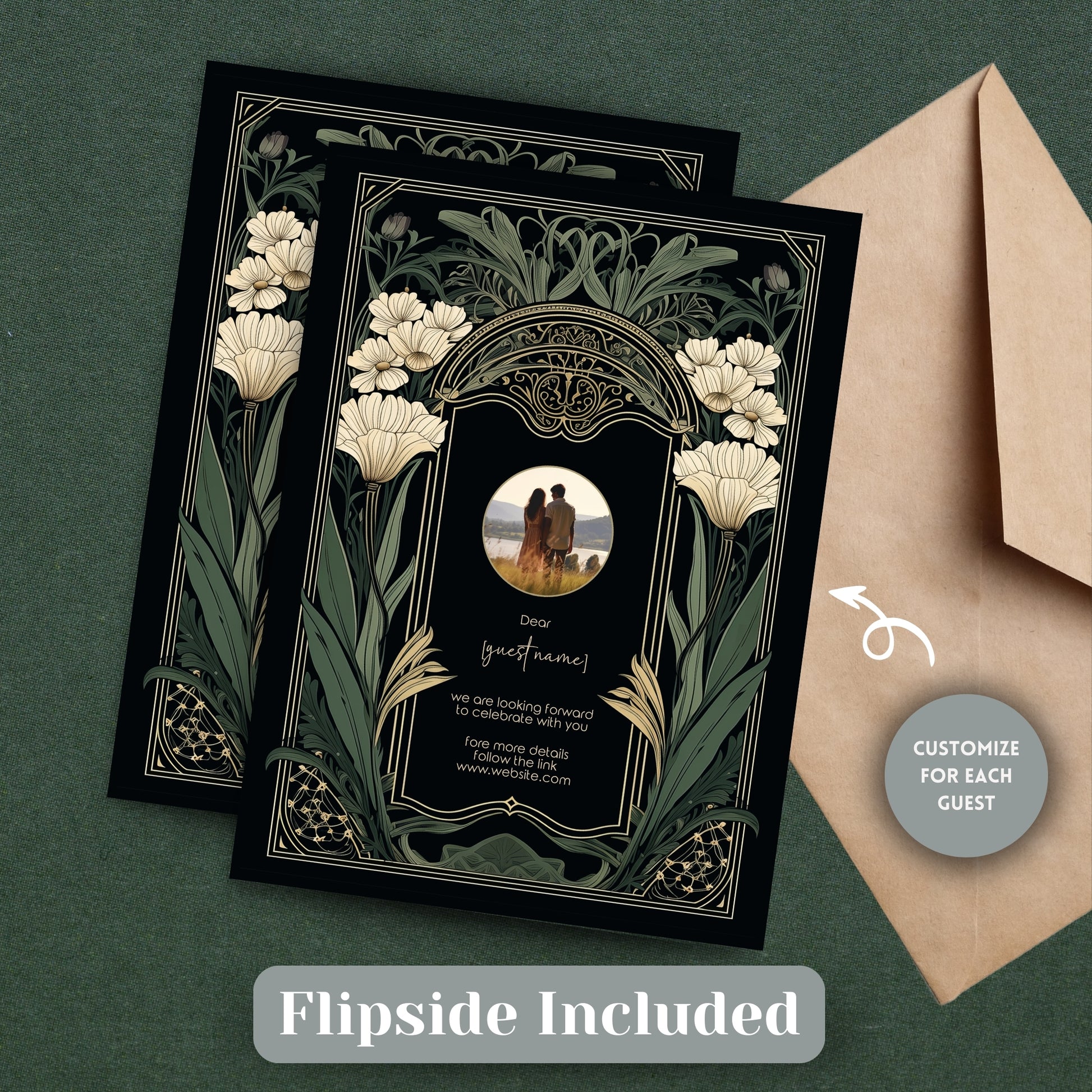 Decorative dark art nouveau wedding invitation with personal image and floral design and envelope on a green background