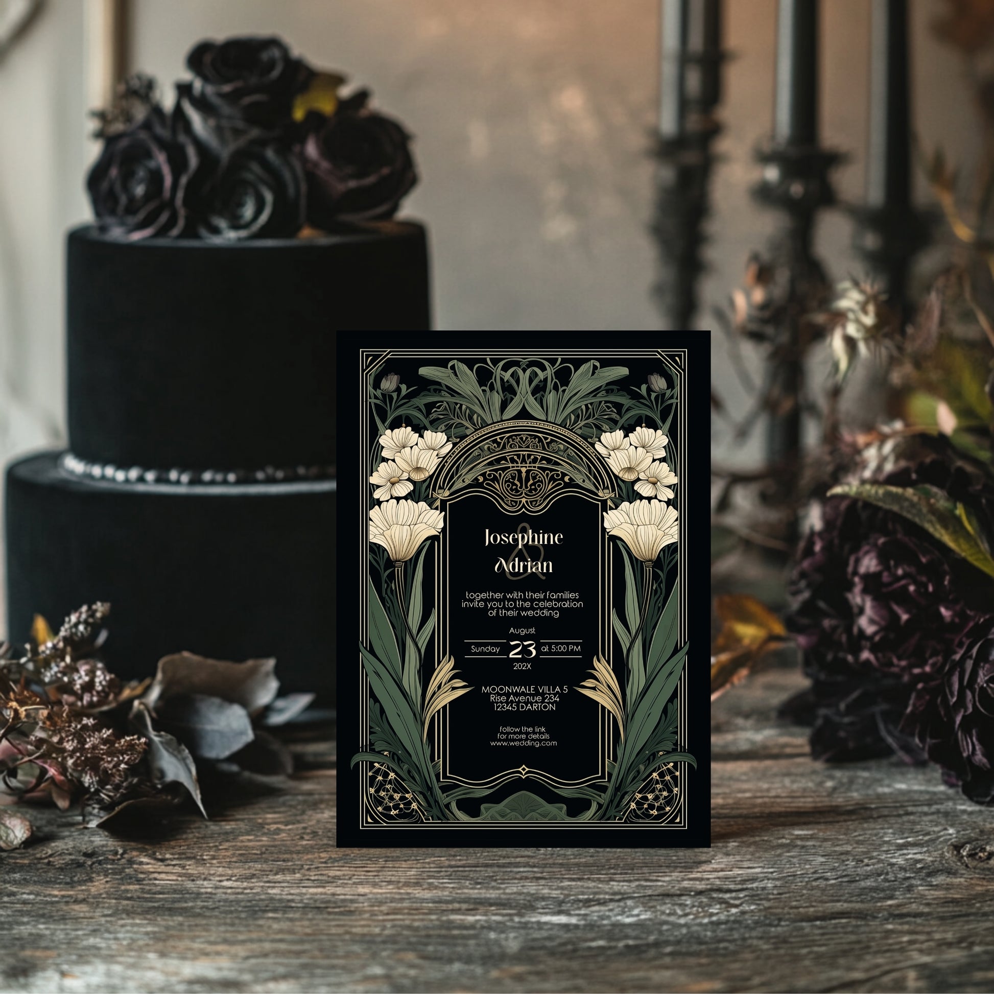 Decorative dark art nouveau wedding invitation with gothic floral design on a wooden surface with flowers and candles in the background