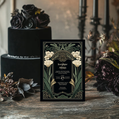 Decorative dark art nouveau wedding invitation with gothic floral design on a wooden surface with flowers and candles in the background