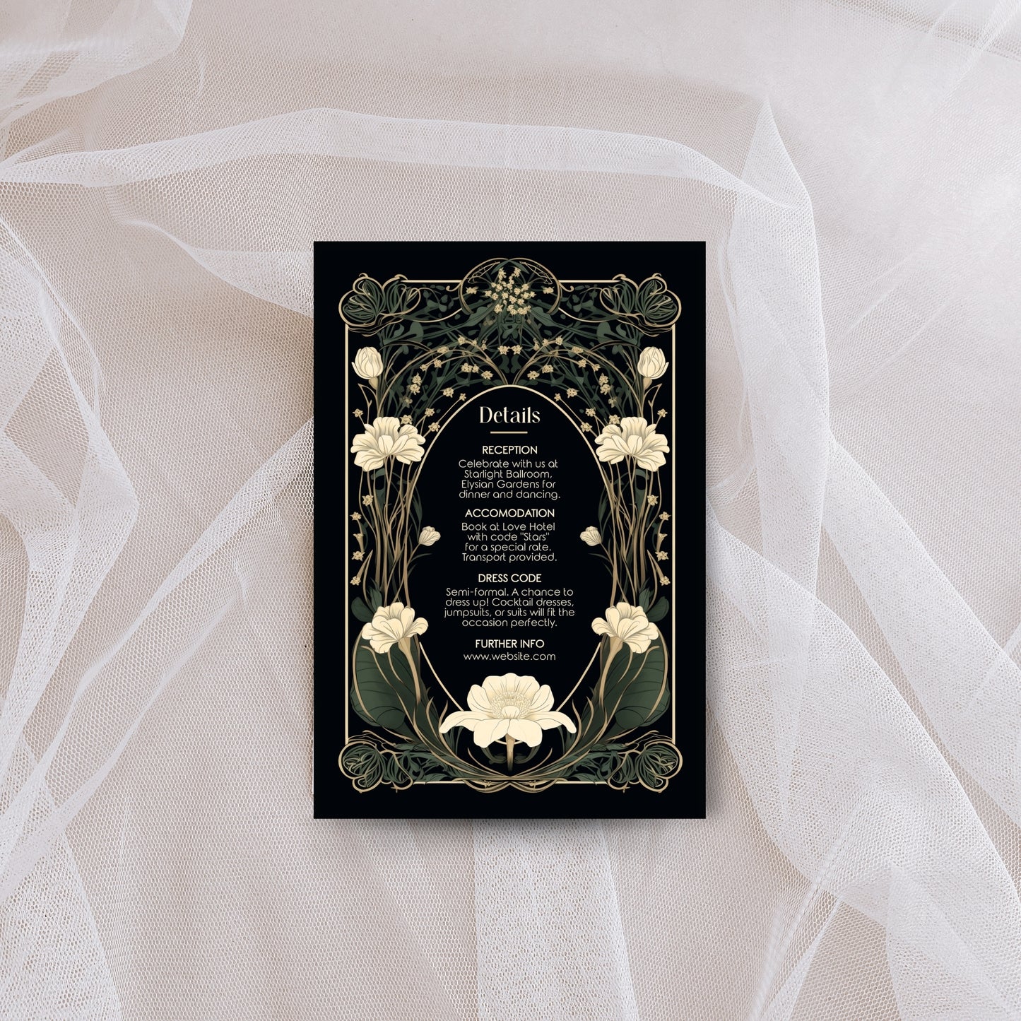 Decorative dark art nouveau details card with gothic floral design on a sheer fabric background