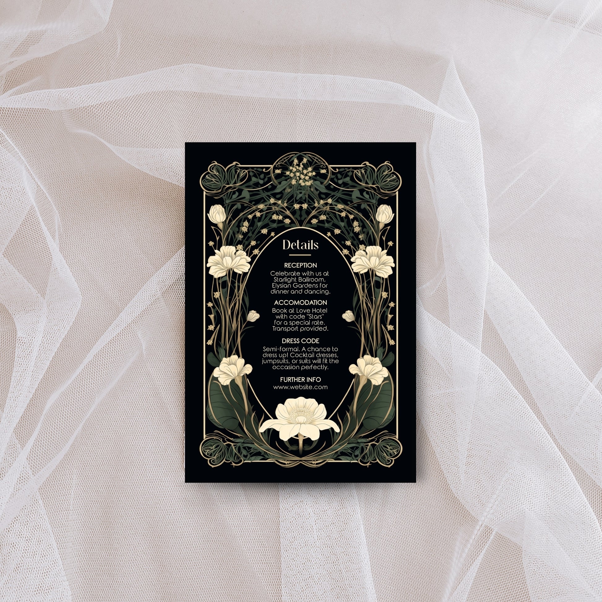 Decorative dark art nouveau details card with gothic floral design on a sheer fabric background