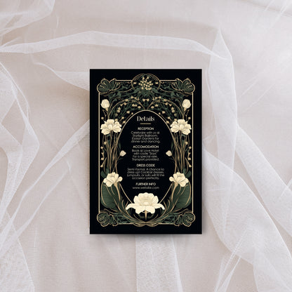 Decorative dark art nouveau details card with gothic floral design on a sheer fabric background