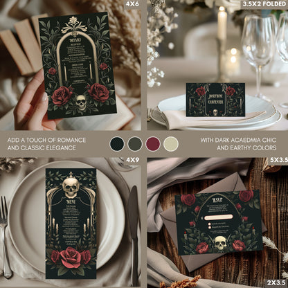 Gothic Skull & Roses Wedding Invitation - Victorian Botanical Elegance - Editable 8 Items Bundle for Gothic Weddings