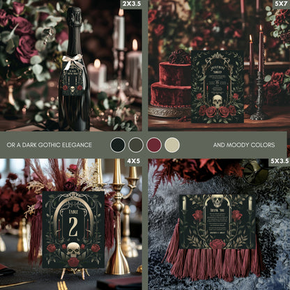 Gothic Skull & Roses Wedding Invitation - Victorian Botanical Elegance - Editable 8 Items Bundle for Gothic Weddings