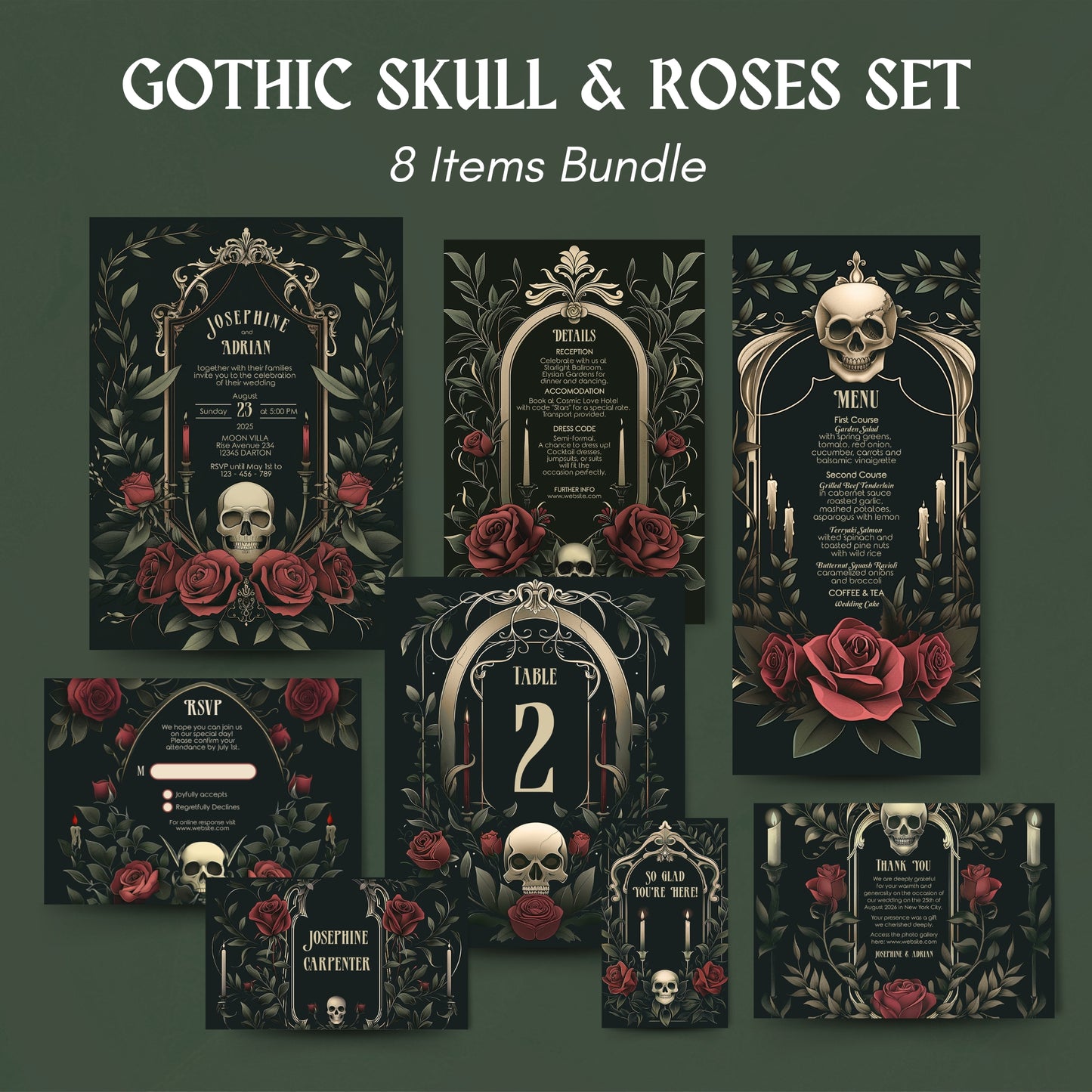 Gothic Skull & Roses Wedding Invitation - Victorian Botanical Elegance - Editable 8 Items Bundle for Gothic Weddings