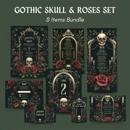 Gothic Skull & Roses Wedding Invitation - Victorian Botanical Elegance - Editable 8 Items Bundle for Gothic Weddings