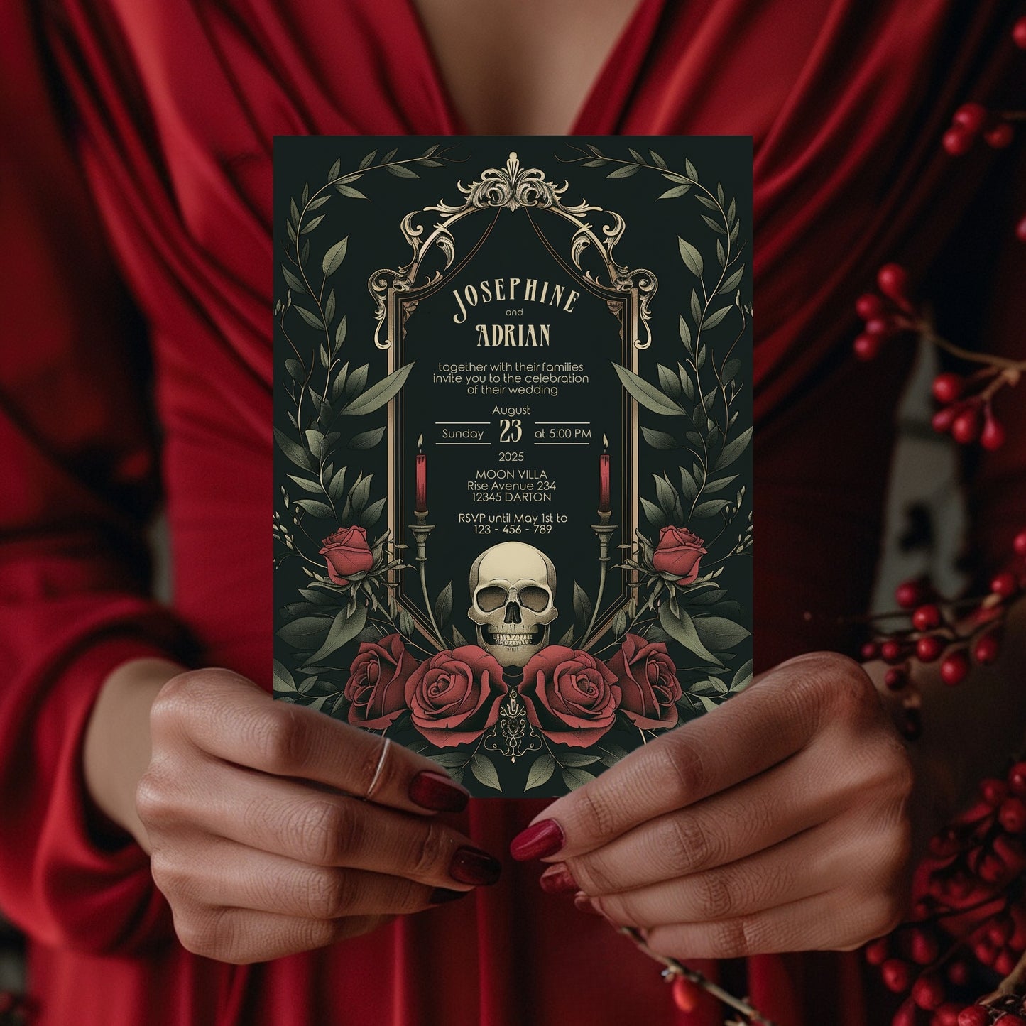Gothic Skull & Roses Wedding Invitation - Victorian Botanical Elegance - Editable 8 Items Bundle for Gothic Weddings