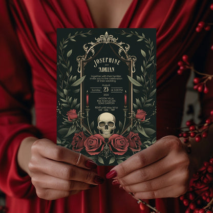 Gothic Skull & Roses Wedding Invitation - Victorian Botanical Elegance - Editable 8 Items Bundle for Gothic Weddings