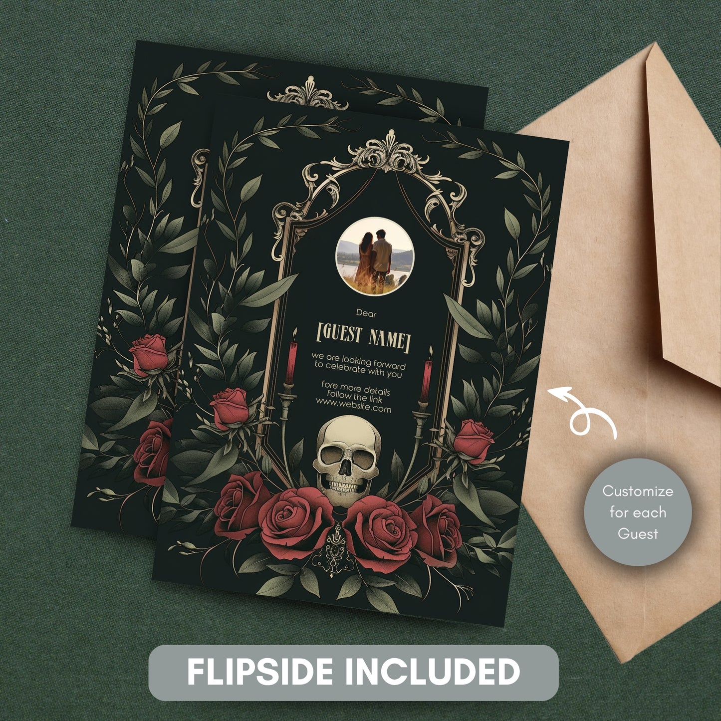Gothic Skull & Roses Wedding Invitation - Victorian Botanical Elegance - Editable 8 Items Bundle for Gothic Weddings
