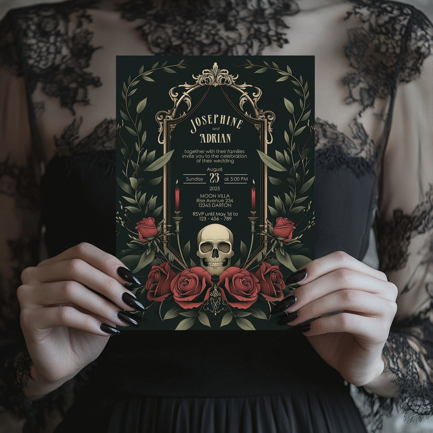 Gothic Skull & Roses Wedding Invitation - Victorian Botanical Elegance - Editable 8 Items Bundle for Gothic Weddings