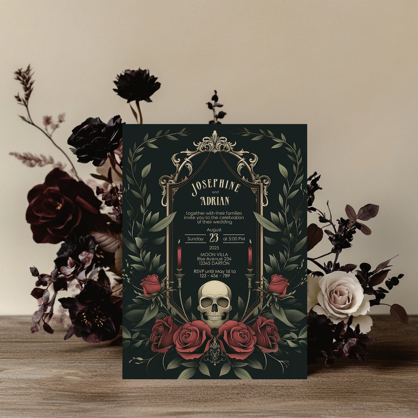 Gothic Skull & Roses Wedding Invitation - Victorian Botanical Elegance - Editable 8 Items Bundle for Gothic Weddings