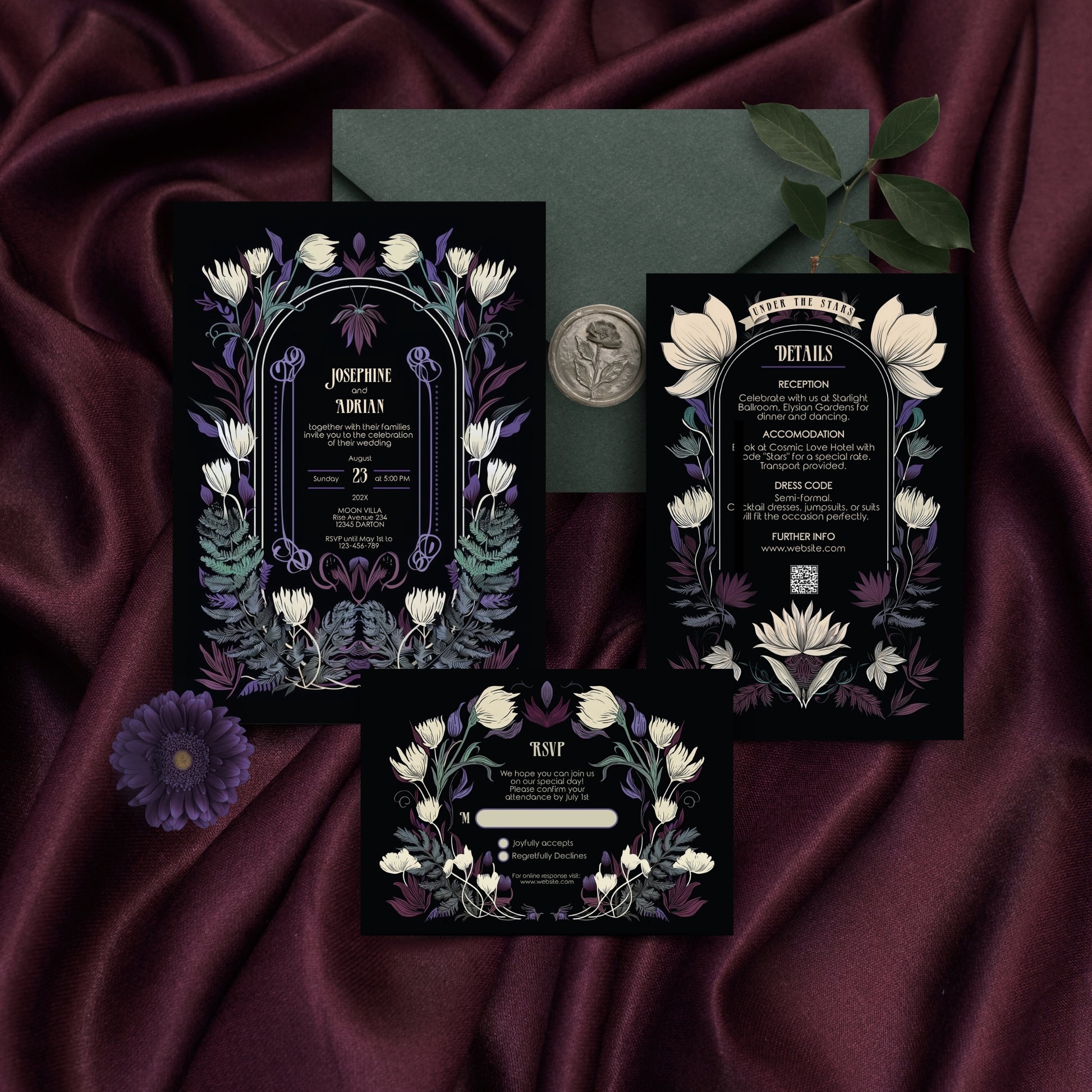Mystical gothic Wedding invitation set with floral design on a dark fabric background