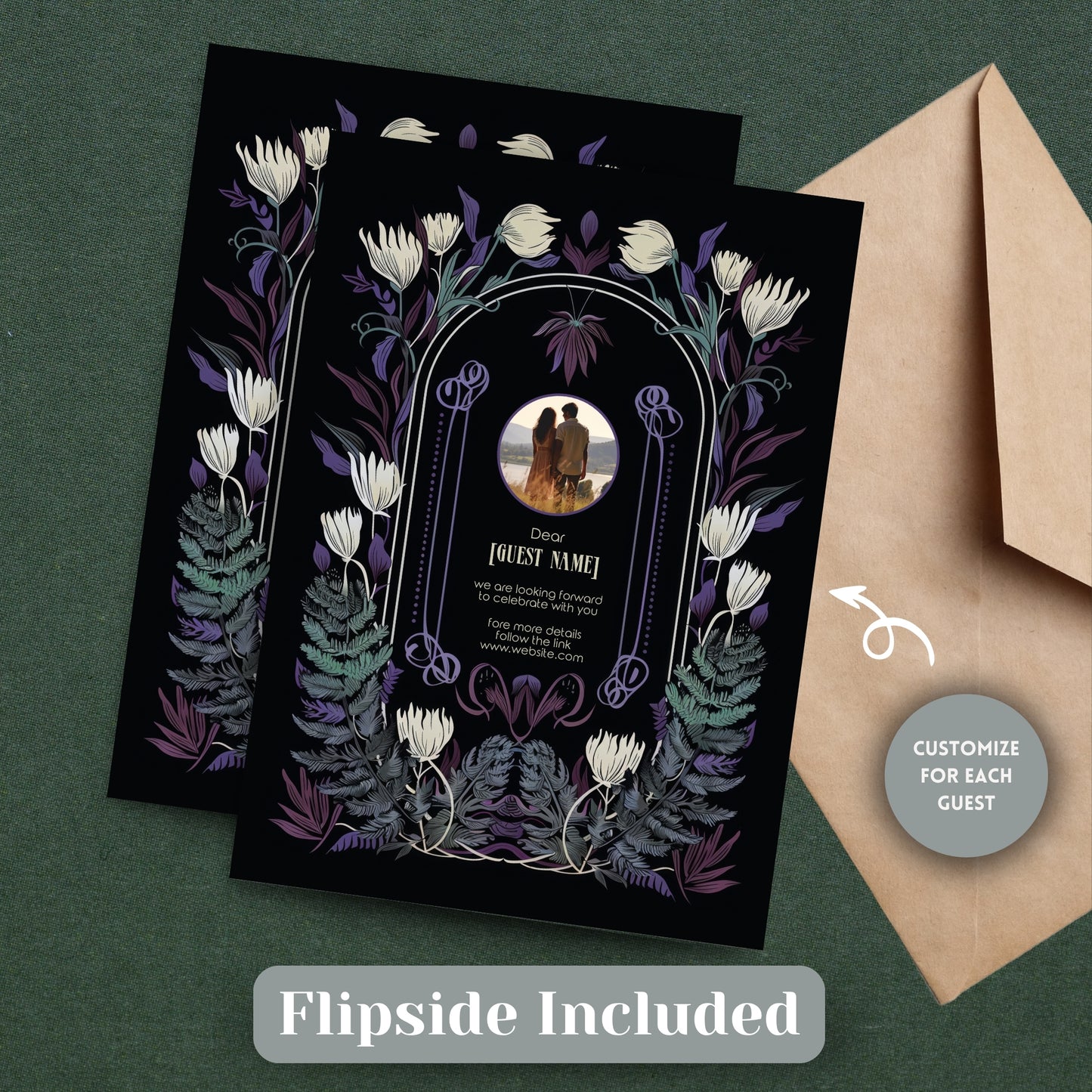 Mystical Gothic Wedding Invitation Set - Green & Purple Botanical Elegance - 5x7 Invitation, 4x6 Details, 3.5.x5 RSVP