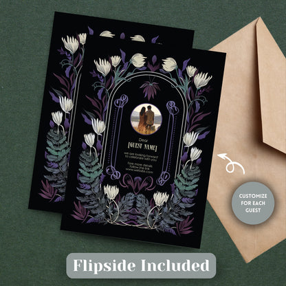 Mystical Gothic Wedding Invitation Set - Green & Purple Botanical Elegance - 5x7 Invitation, 4x6 Details, 3.5.x5 RSVP