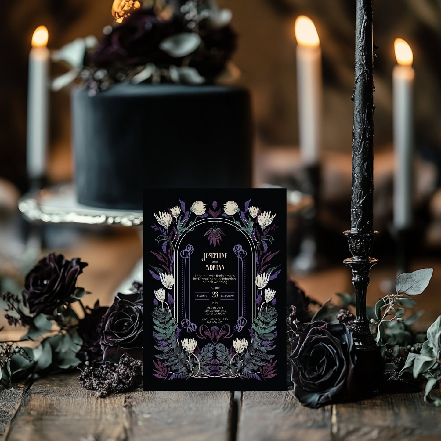 Mystical Gothic Wedding Invitation Set - Green & Purple Botanical Elegance - 5x7 Invitation, 4x6 Details, 3.5.x5 RSVP