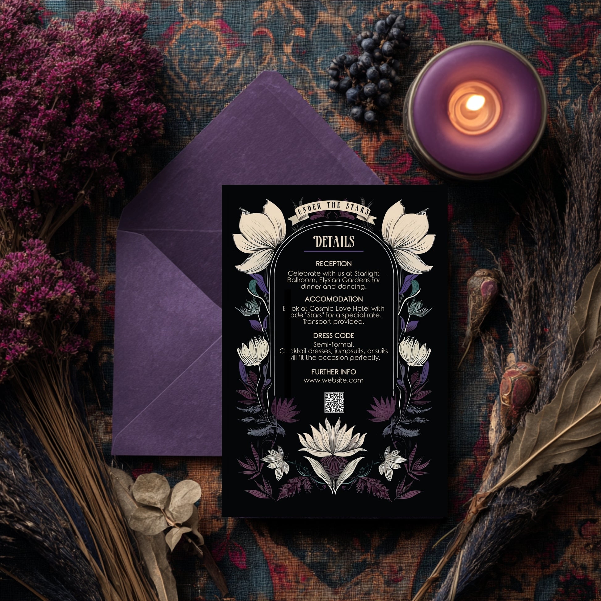 Decorative wedding invitation with gothic floral design, purple envelope, and candle on a textured surface.
