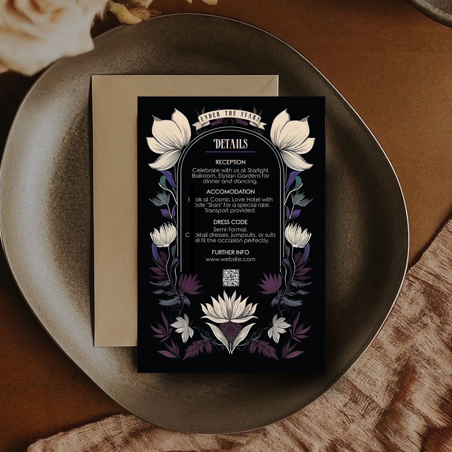 Mystical Gothic Wedding Invitation Set - Green & Purple Botanical Elegance - 5x7 Invitation, 4x6 Details, 3.5.x5 RSVP