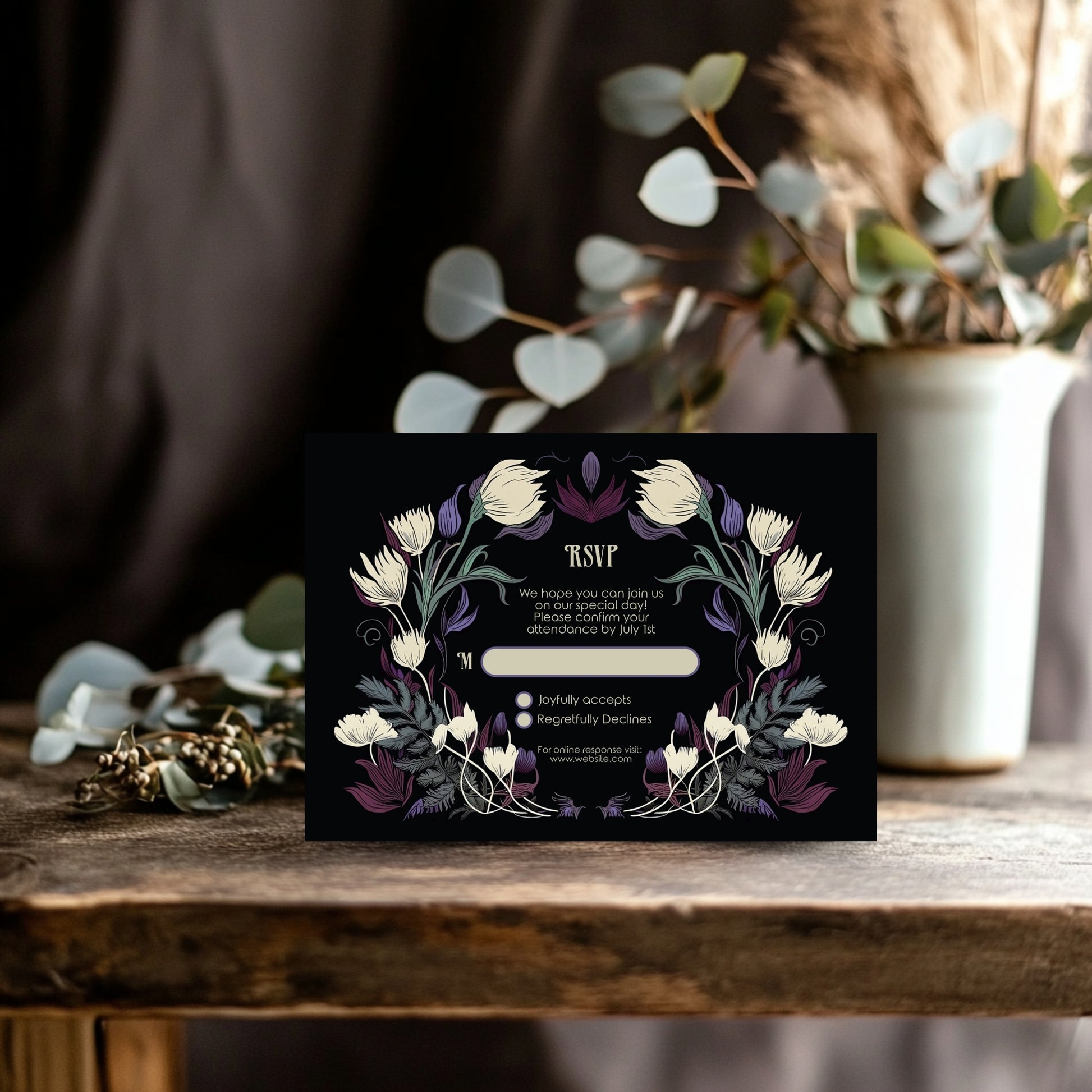 Floral gothic RSVP card on a wooden surface with decorative elements
