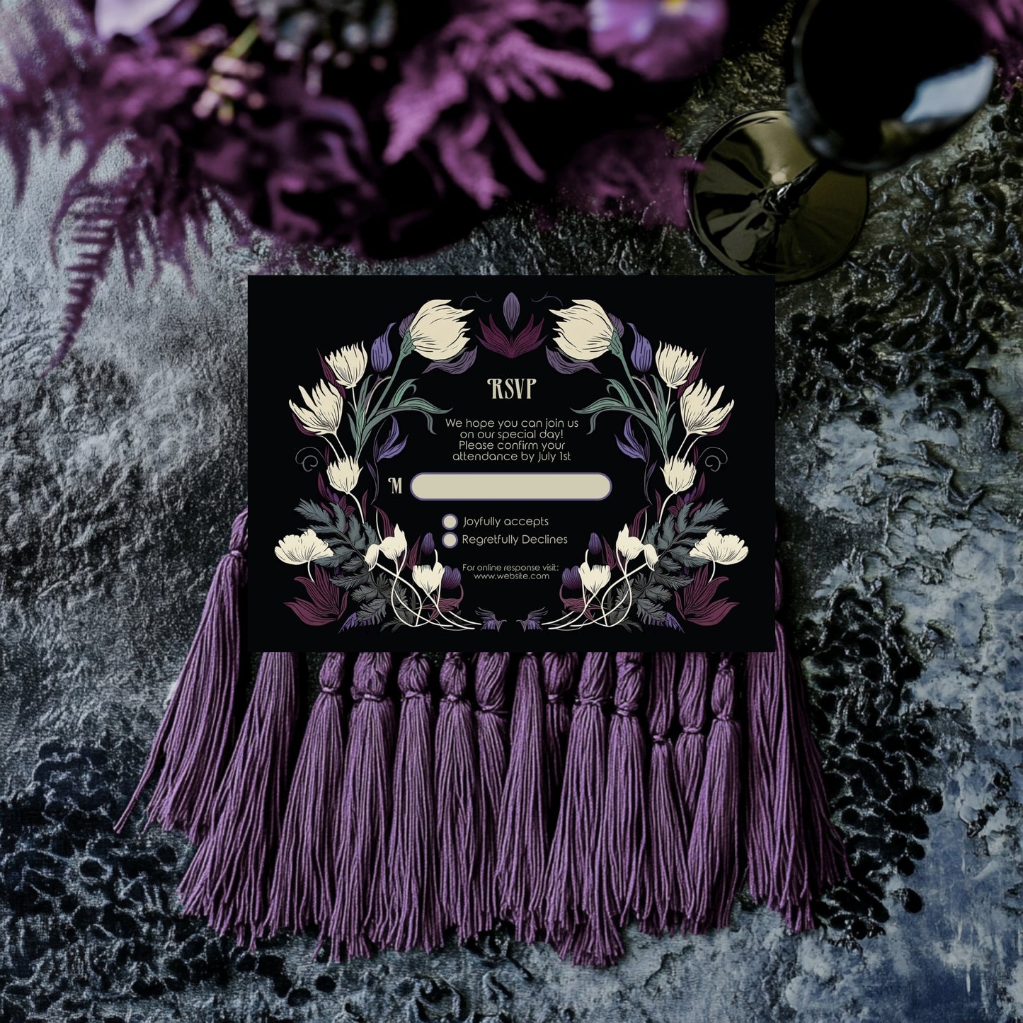 Mystical Gothic Wedding Invitation Set - Green & Purple Botanical Elegance - 5x7 Invitation, 4x6 Details, 3.5.x5 RSVP
