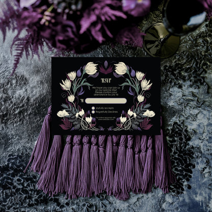 Mystical Gothic Wedding Invitation Set - Green & Purple Botanical Elegance - 5x7 Invitation, 4x6 Details, 3.5.x5 RSVP