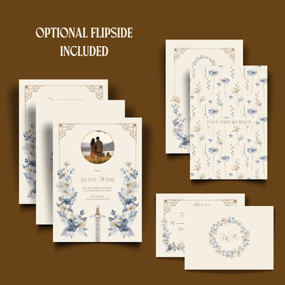 Blue Floral Sword Wedding Invitation Set - With Invite, Details & RSVP Card