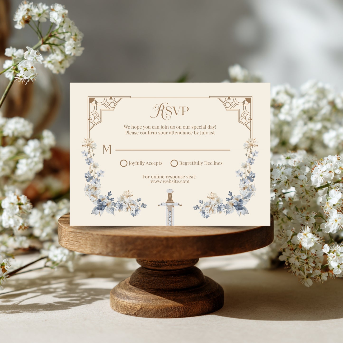 Blue Floral Sword Wedding Invitation Set - With Invite, Details & RSVP Card