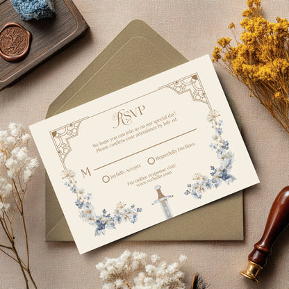 Blue Floral Sword Wedding Invitation Set - With Invite, Details & RSVP Card