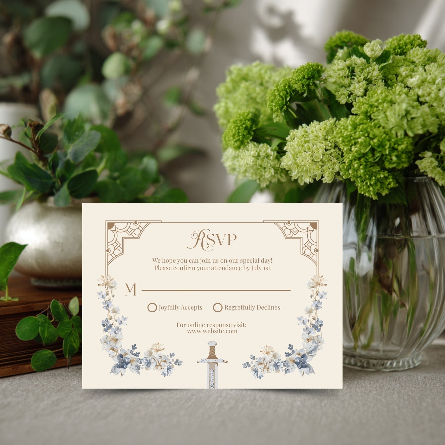 Blue Floral Sword Wedding Invitation Set - With Invite, Details & RSVP Card