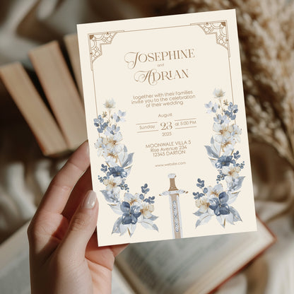 Blue Floral Sword Wedding Invitation Set - With Invite, Details & RSVP Card