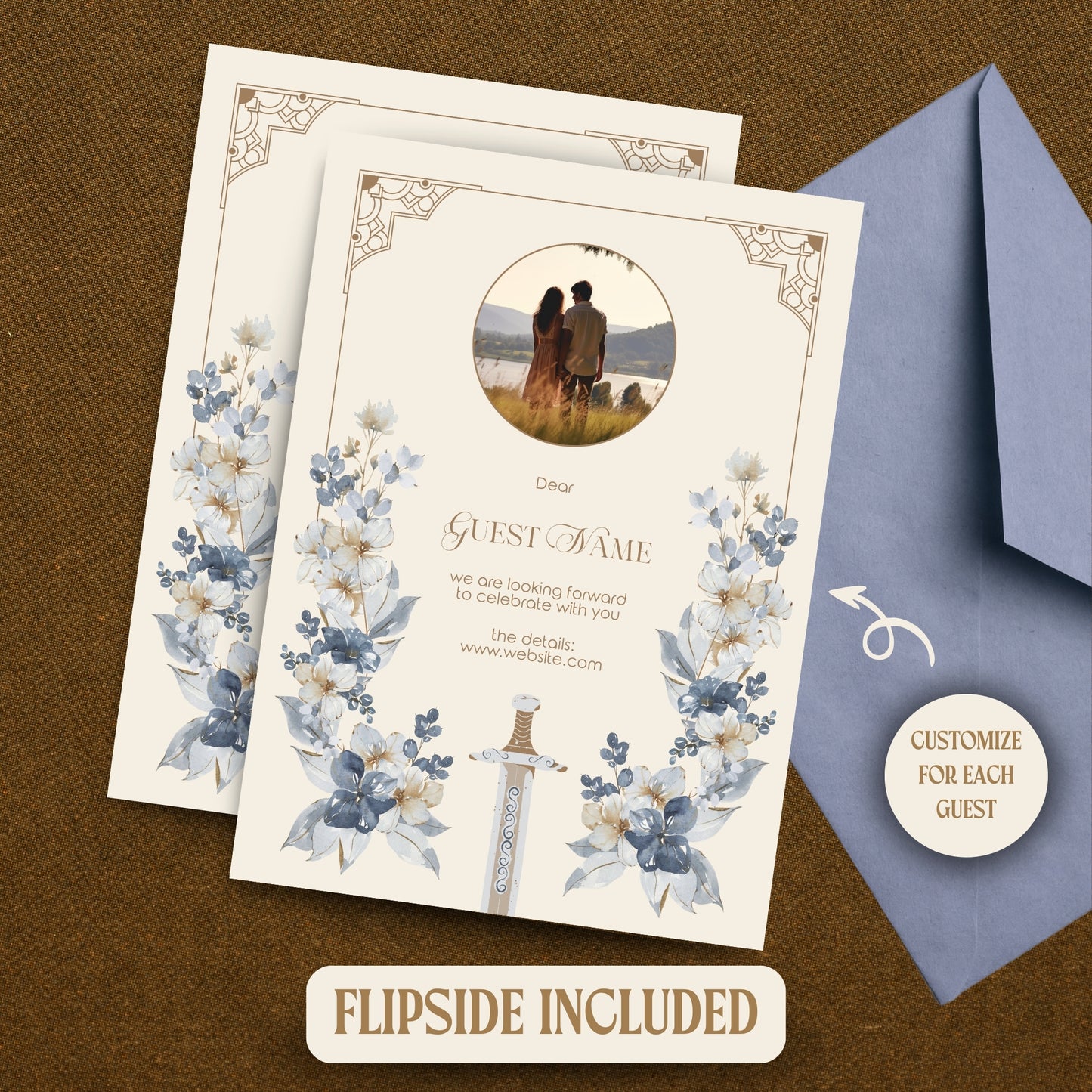 Blue Floral Sword Wedding Invitation Set - With Invite, Details & RSVP Card