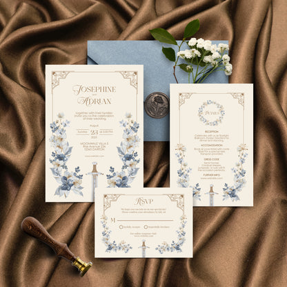 Blue Floral Sword Wedding Invitation Set - With Invite, Details & RSVP Card