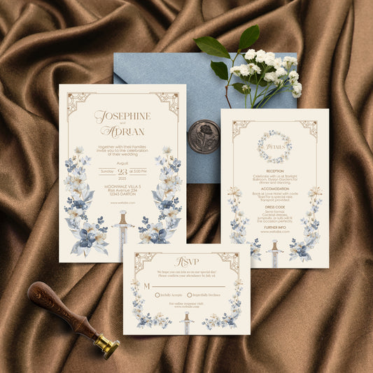 Blue Floral Sword Wedding Invitation Set - With Invite, Details & RSVP Card