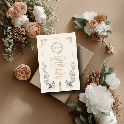 Blue Floral Sword Wedding Invitation Set - With Invite, Details & RSVP Card